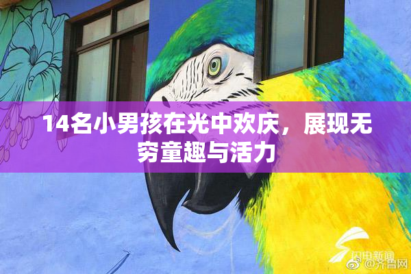 14名小男孩在光中欢庆，展现无穷童趣与活力